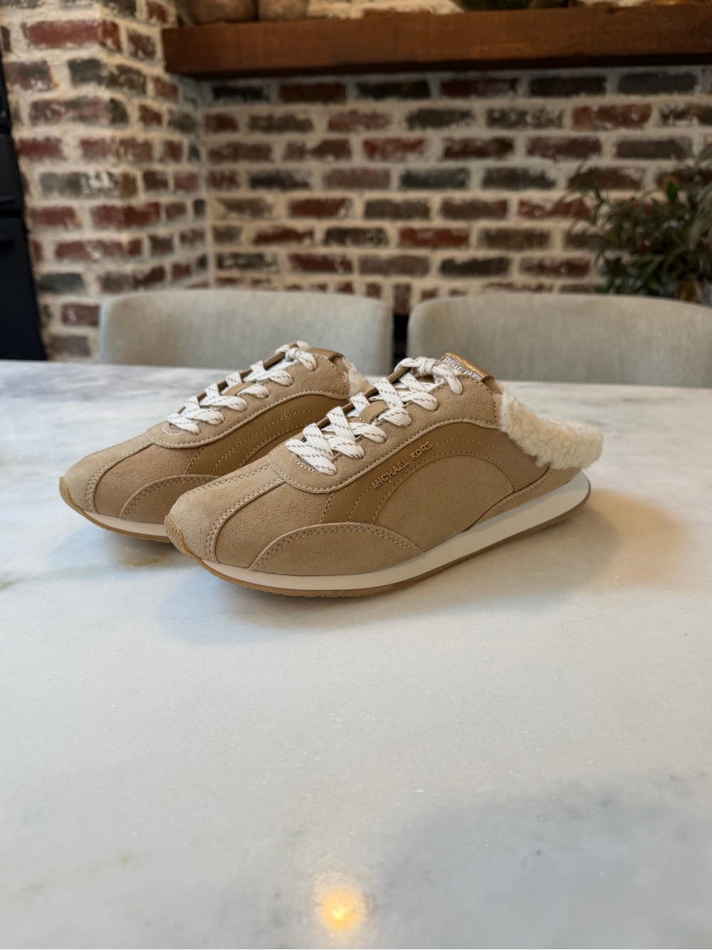 Michael Kors Women’s Beige Suede Slip-on Sneakers with Shearling Trim
